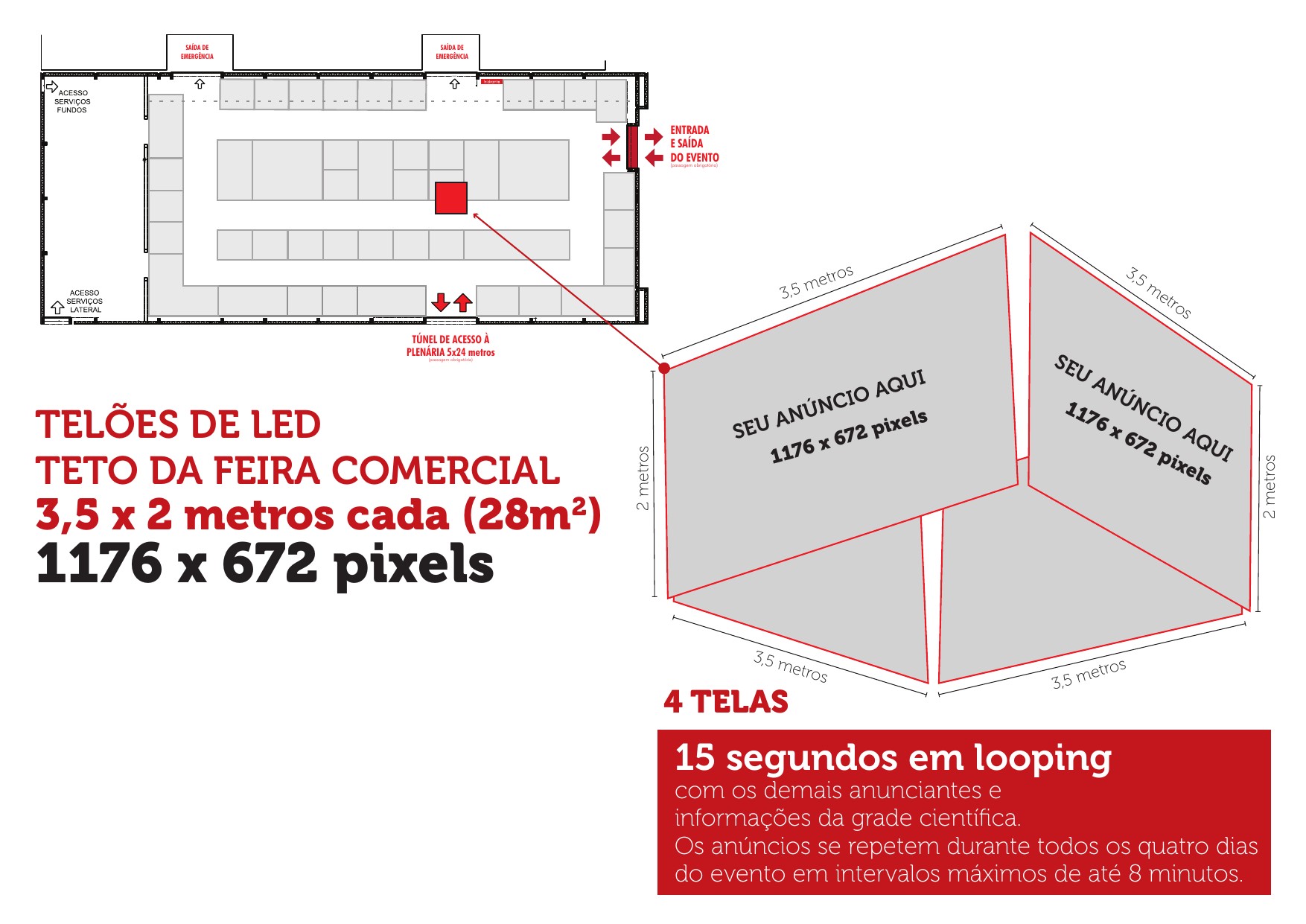Projeto do cubo de quatro telões de LED no teto da Feira Comercial